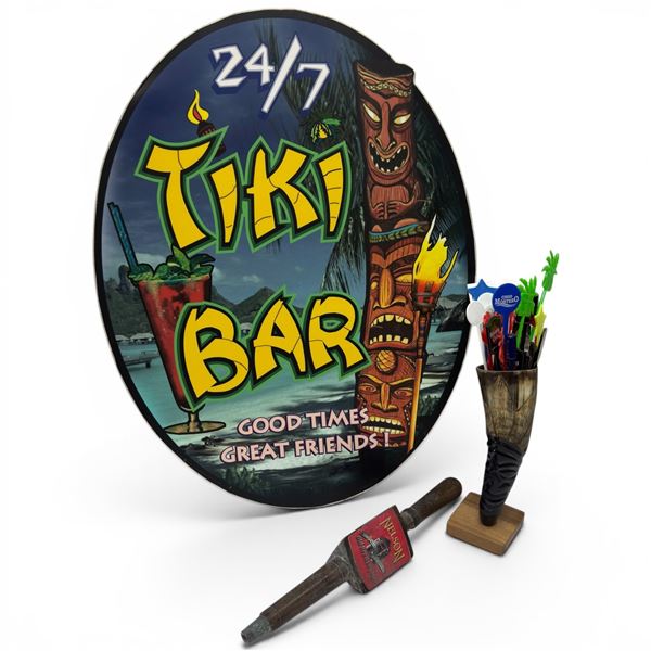 Tiki Bar Sign, Nelson Brewing "Old Brewery Ale" Beer Tap & Carved Tiki Horn & Stir Sticks