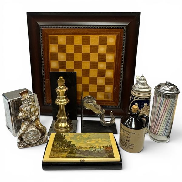 Mixed Bar Lot: Dal Negro Treviso-Italy Vintage Games Set, Chessboard, Bookends, Beer Stein, & More