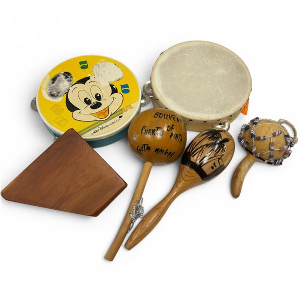 Two Tambourines (1 Mickey Mouse), 3 Maracas and Wood Block Pan Pipe