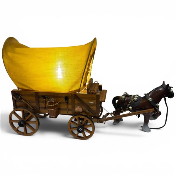 Vintage Inmate Folk Art Covered Wagon Lamp, Crafted from Wood and Muslin
