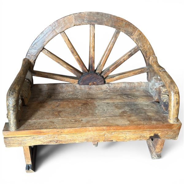Rustic Wagon Wheel Made Bench: Wooden Plank Seat with Wagon Wheel Back