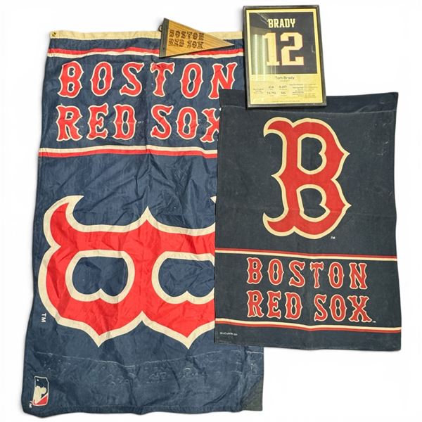Boston Red Sox Banners/Flags and Wooden Pennant Plus Tom Brady Framed Stats