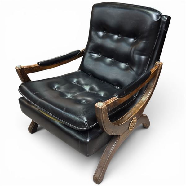 Vintage 1950s Stansberry Mid-Century Modern Tufted Lounge Chair Black Vinyl & Wood Frame