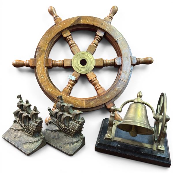 Seaman's Lot: Bronze Ship Bookends, Brass Maritime Bell & Brass and Wood Ships Wheel 18" Diameter