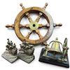 Image 1 : Seaman's Lot: Bronze Ship Bookends, Brass Maritime Bell & Brass and Wood Ships Wheel 18" Diameter