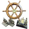 Image 2 : Seaman's Lot: Bronze Ship Bookends, Brass Maritime Bell & Brass and Wood Ships Wheel 18" Diameter
