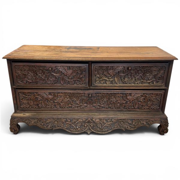 Antique Indonesian Madurese Javanese Hand Carved Wood Chest of Drawers - 15" x 39" wide x 20" tall