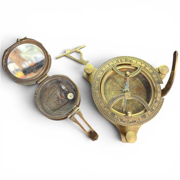 Vintage-Style Brass Sundial Compass & Bras Prismatic Compass W Natural-Sine Plate