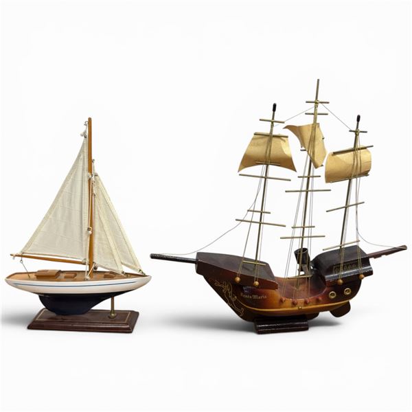 Two Wooden Ships: Santa Maria Lamp  17" Tall and Sloop Rigged Sailboat Model