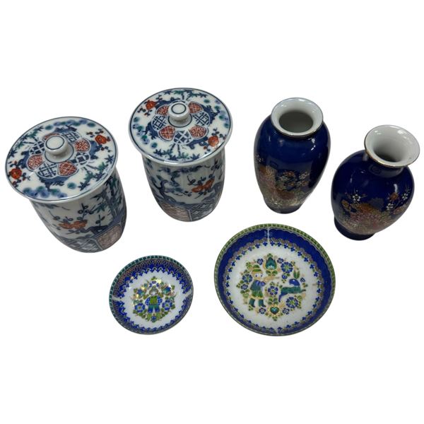 Group of 6 Chinese & Austrian Items - 2 Lidded Tea Cups, 2 Mini Satsuma Vases & 2 Tiny Painted Metal