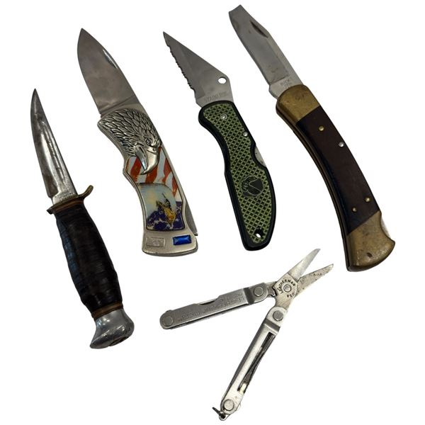 5 Assorted Knives - Hunting, Folding and Multiproteic (One has a broken tip)