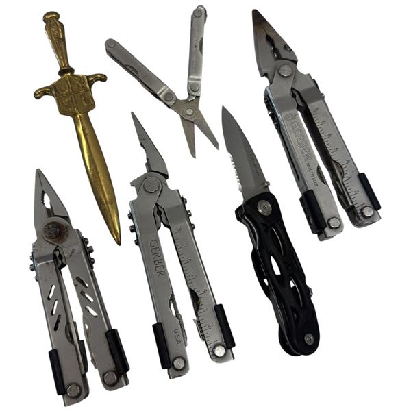 Group of 6 Multiproteic Tools, Brass Letter Opener and Folding Knife