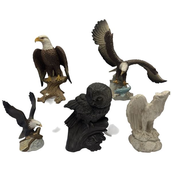 Tom Mackie Owl Sculpture and 4 Eagles - Tallest is  9" - Wide variety of materials