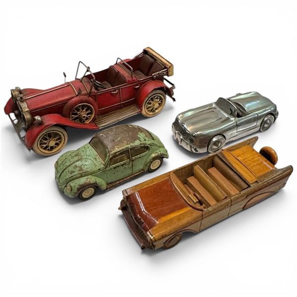 Volkswagen Beetle by Tonka, Wood Chevy, Pewter Convertible and Tin Red Duesenberg J Decorative Cars