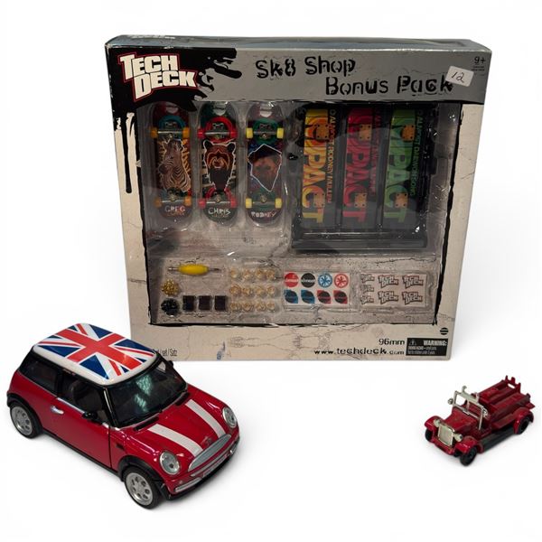 Tech Deck Skate Shop Bonus Pack, 1:24 Diecast Mini Cooper and LLedo Promotional Firetruck Model