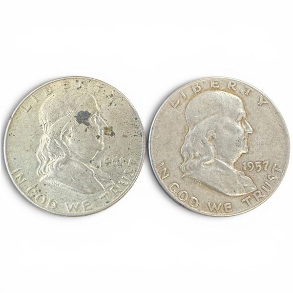 2 US Silver Half Dollar Coins - 90% Silver - (1957 & 1961) - Circulated