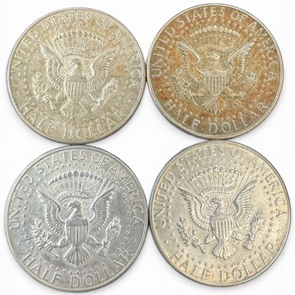 4 US Silver Kennedy Half Dollar Coins - 40% Silver - (1965,66, & 2 x 1967) - Circulated