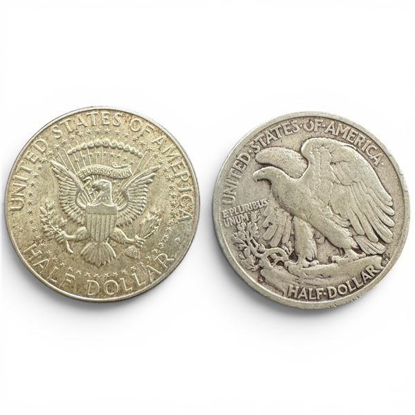 2 US Silver Half Dollar Coins - 90% Silver - (1945 Walking Liberty & 1964 Kennedy) - Circulated