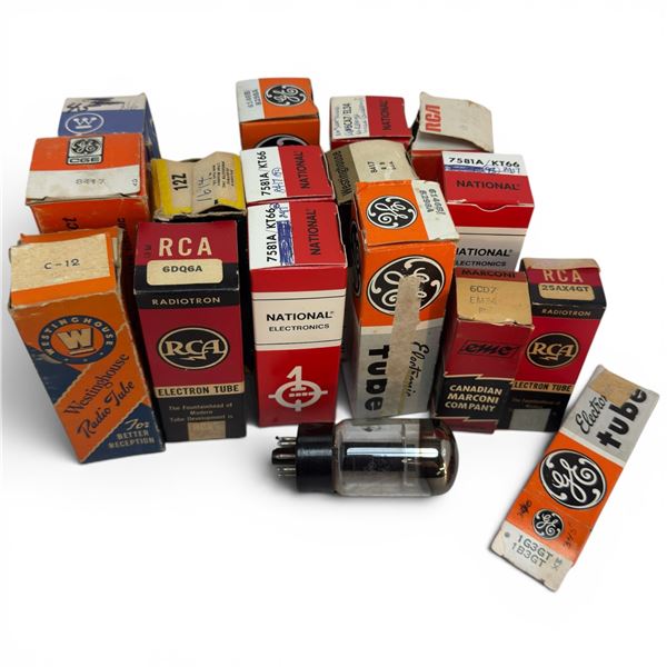 Lot of 17 Vintage Vacuum Tubes - 7581A, KT66, 6CA7/EL34, 6L6GB, 6BQ6A & More W Handwritten Notes