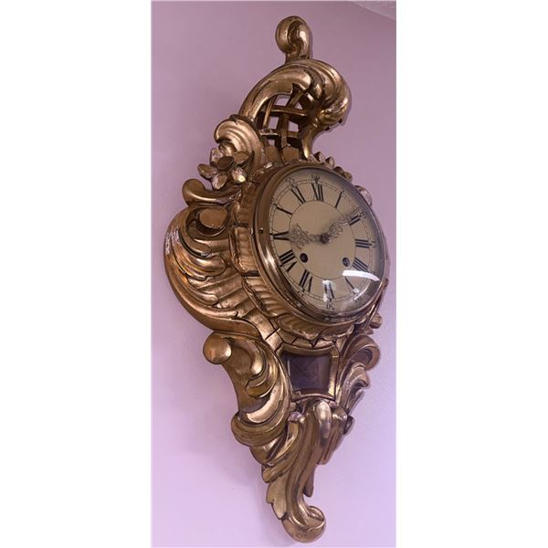 Gilded Wall Clock with Ornate Rococo-Style Frame
