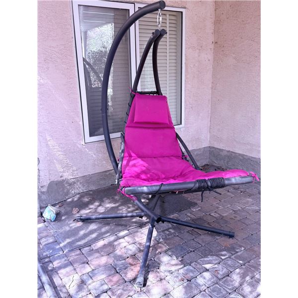 Outdoor Hanging Chaise Lounger with Pink Cushion and Steel Frame