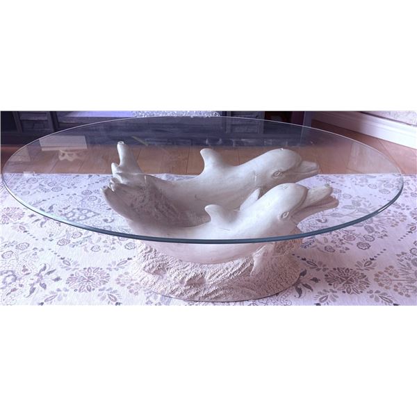 Glass-Top Coffee Table with Dolphin Sculpture Base, 39 Inches