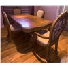 Image 1 : Carved Wood Dining Table With Ornate Pedestal Base and Six Upholstered Chairs