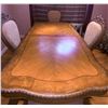 Image 2 : Carved Wood Dining Table With Ornate Pedestal Base and Six Upholstered Chairs