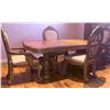 Image 3 : Carved Wood Dining Table With Ornate Pedestal Base and Six Upholstered Chairs