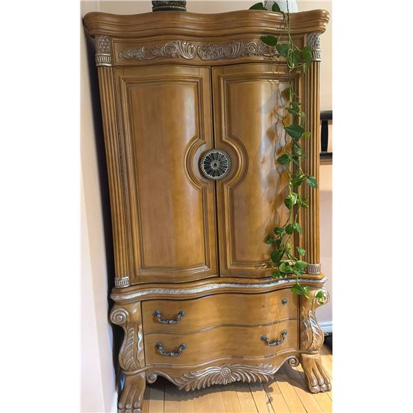 Tall Wooden Armoire with Carved Details and Replacement Handle