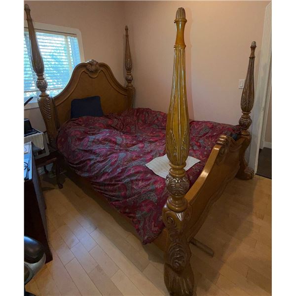 Four-Poster Wooden Bed Frame With Ornate Carvings