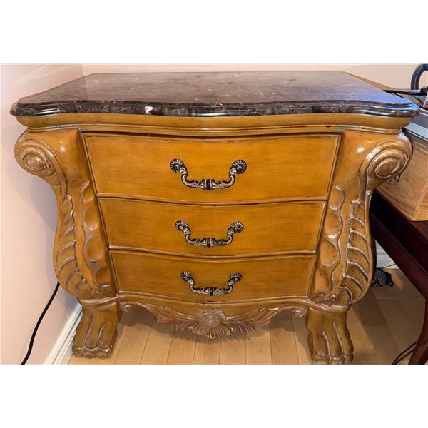 Wooden Chest of Drawers With Ornate Carvings and Marble Top