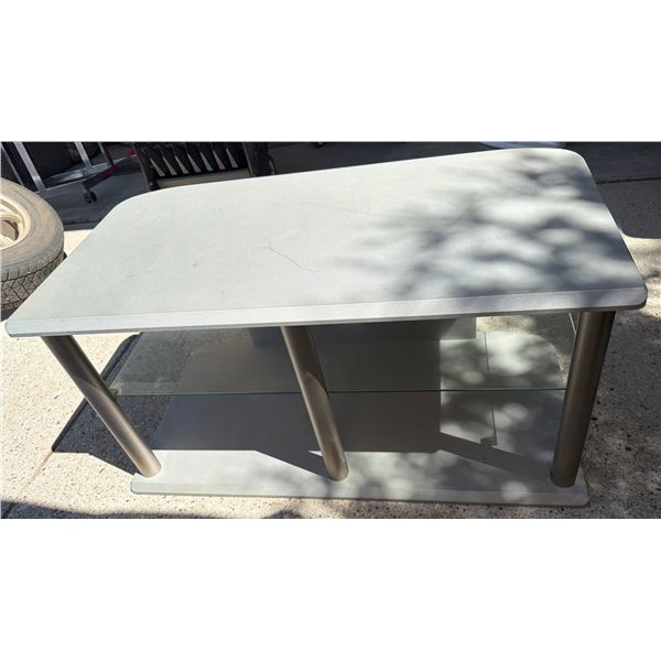 Gray Rectangular TV Stand with Two Glass Shelves and Metal Support Columns