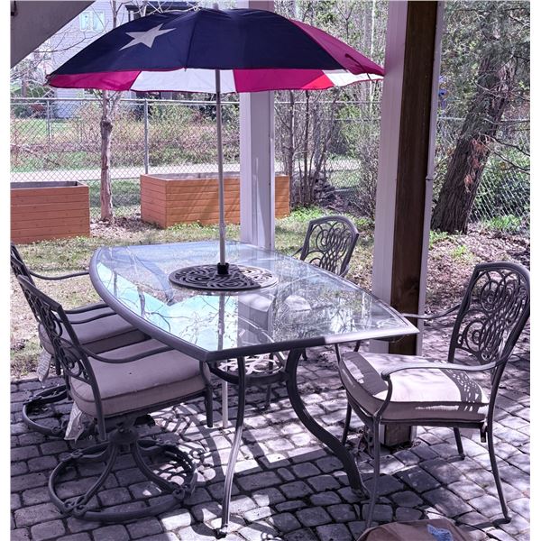 Patio Dining Set with Glass Table, Four Chairs, and Umbrella