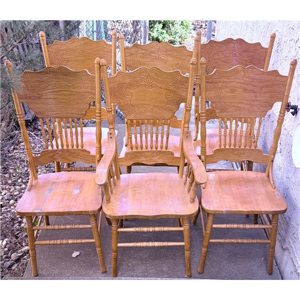 Six Carved Oak Dining Chairs with Two Armchairs