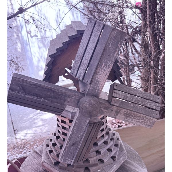 Wooden Decor Windmill with Rotating Blades and Tiered Base