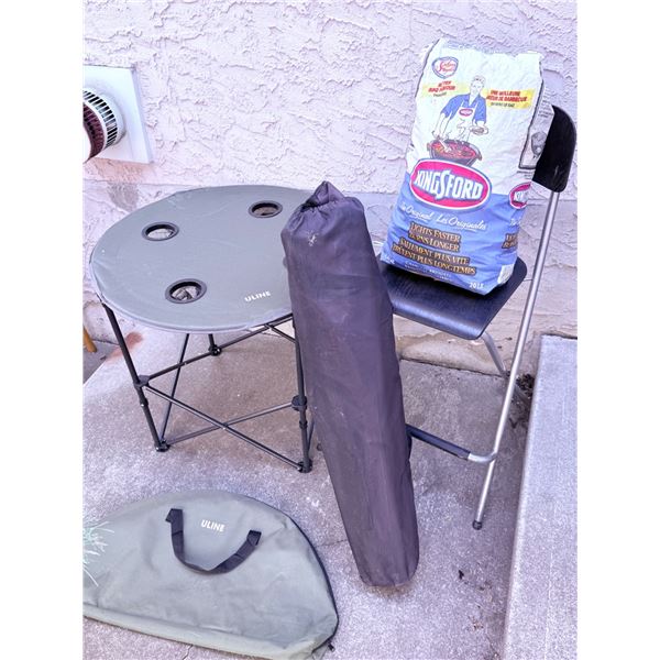 Uline Folding Table with Carrying Case, Folding Chair, and Kingsford Charcoal BBQ Bag