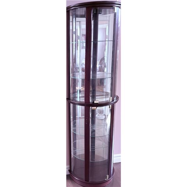 Curved Glass Display Cabinet with Mahogany Finish and Interior Lighting