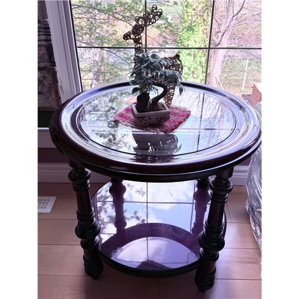 Round Wood Accent Table with Glass Top and Shelf