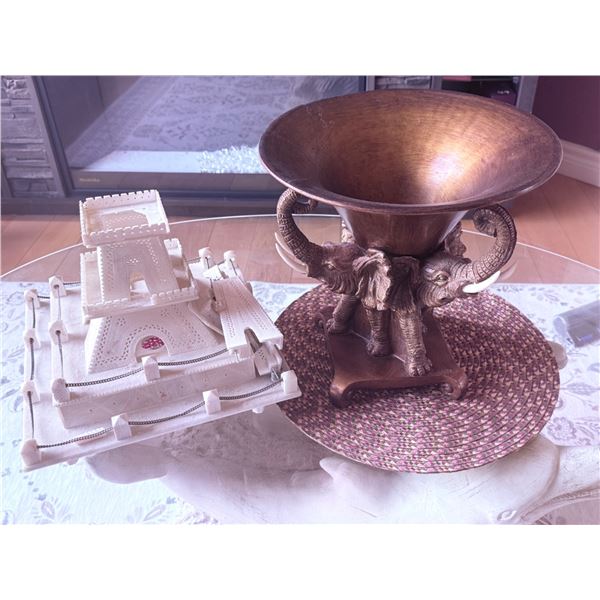 Resin Architectural Fort Diorama and Carved Elephant Motif Decorative Brass Vase