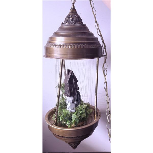 Hanging Rain Lamp with Water Mill and Figurines, Brass Finish