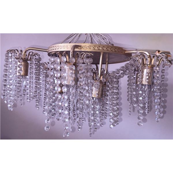 Brass and Crystal Eight-Light Chandelier with Cascading Beads