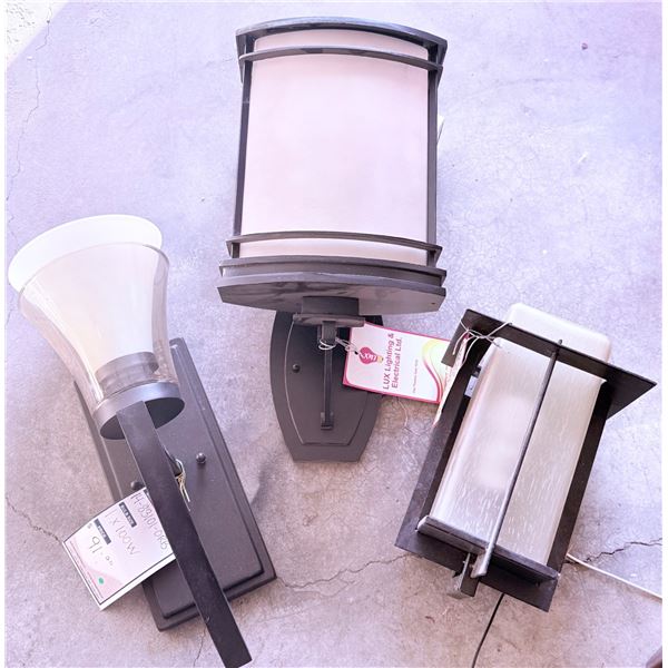 3 Outdoor Wall-Mounted Light Fixtures, Frosted Glass with Metal Frames