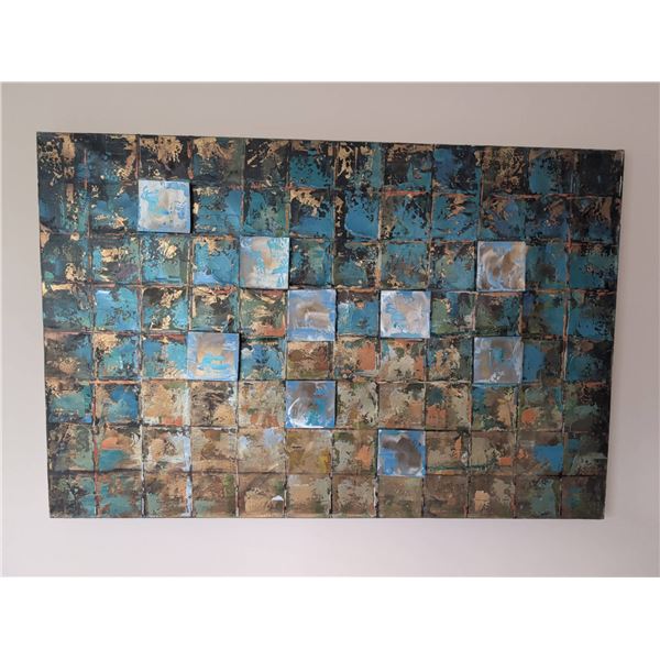 Media Artwork on Canvas with Textured Abstract Square Pattern