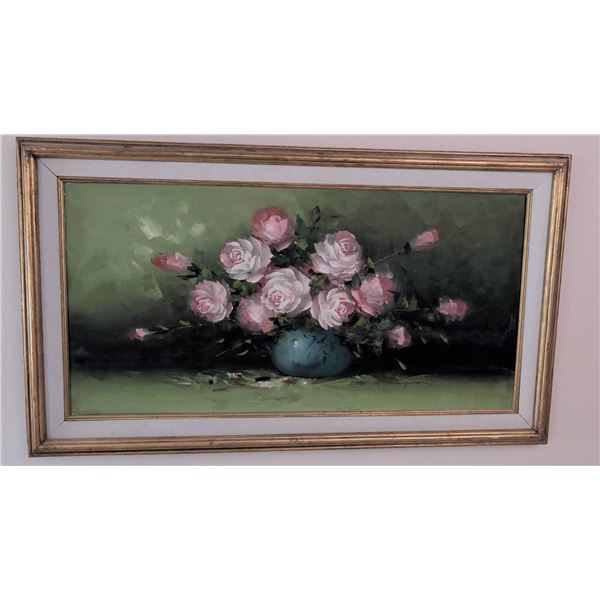 Framed Oil Painting of Pink Roses in a Vase, Signed