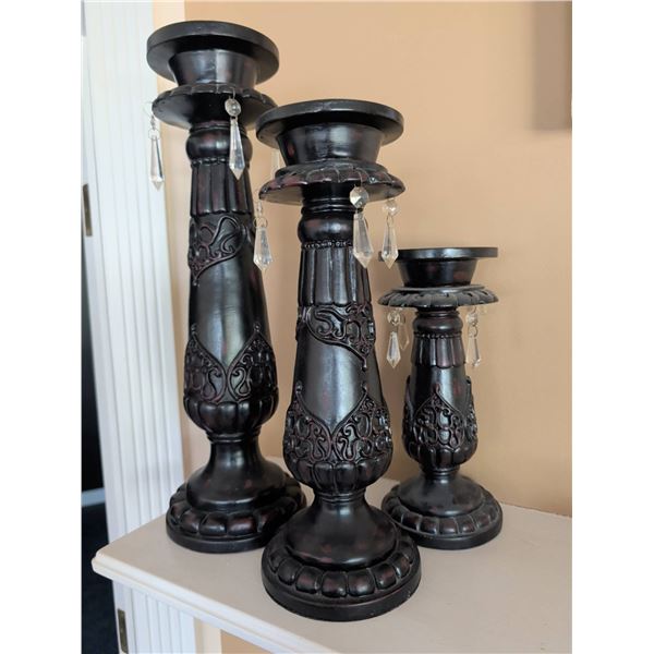Three Ornate Metal Candle Holders with Crystal Accents