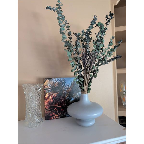 Three Decorative Items: Gray Ceramic Vase, Cut Crystal Glass Vase, and Canvas Print