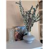 Image 1 : Three Decorative Items: Gray Ceramic Vase, Cut Crystal Glass Vase, and Canvas Print