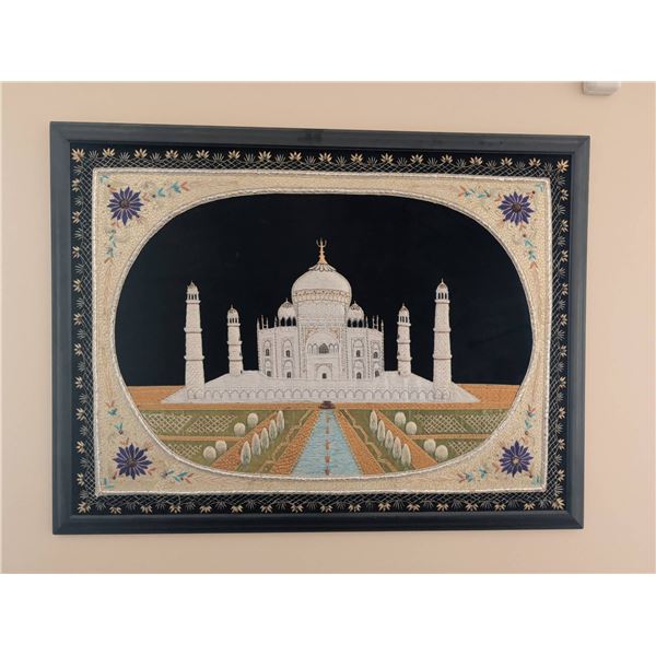 Framed Embroidered Depiction of the Taj Mahal on Black Fabric