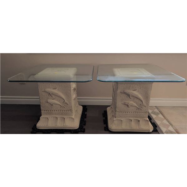 Dolphin Motif Plaster Base Glass Top Side Tables